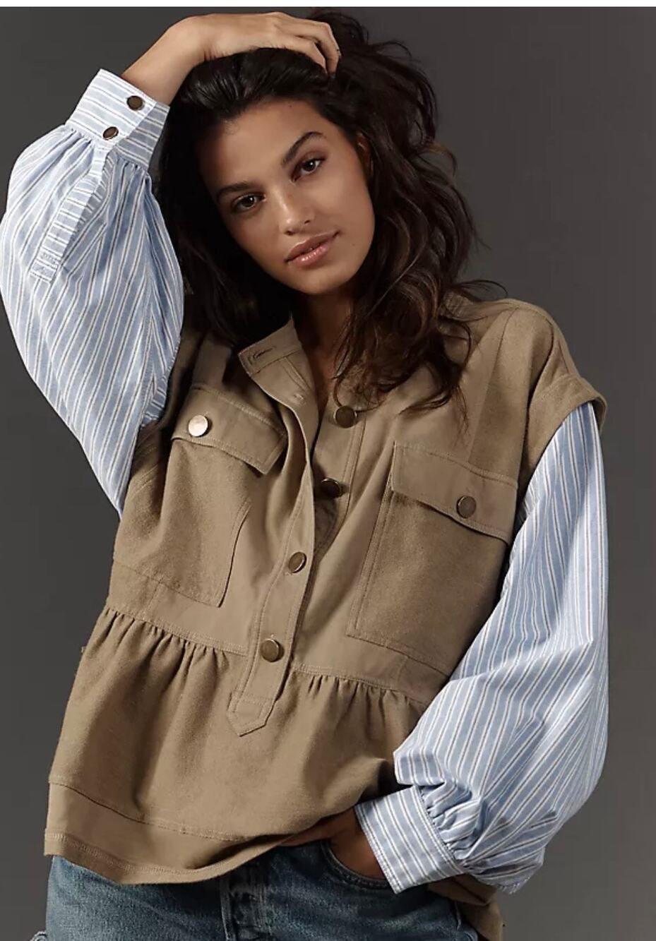 Pilcro Shirt Long Sleeve Knit Babydoll Shacket Size Small Earthy Safari